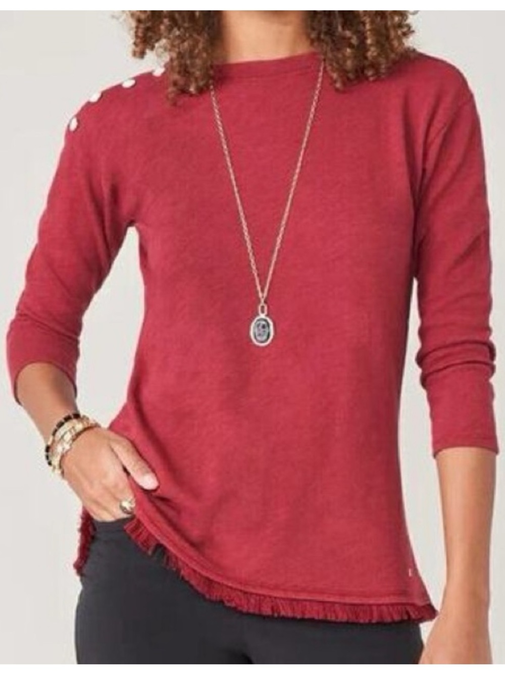Spartina 449 Hudson fringe long sleeve top in pomegranate red